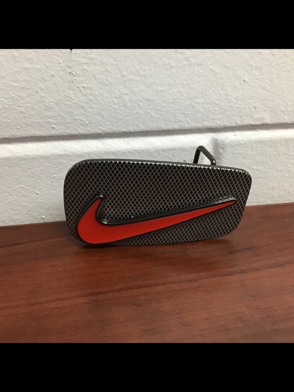 NIKE Swoosh Red and Gray Metal Enamel Grid Carbon Fiber Style Belt Buckle Only